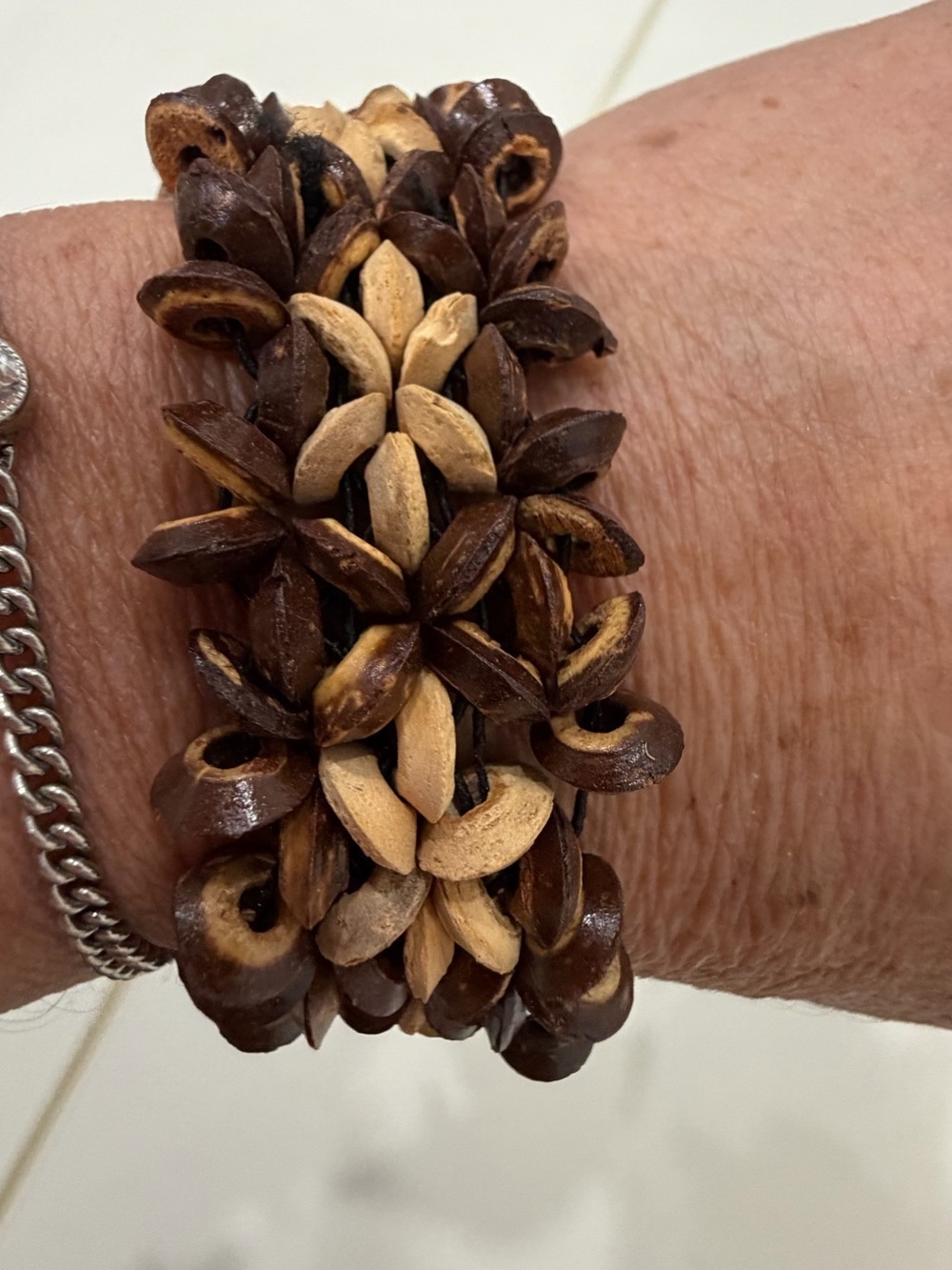 Boho Wood Seed Pod Flower Stretch Cuff Bracelet